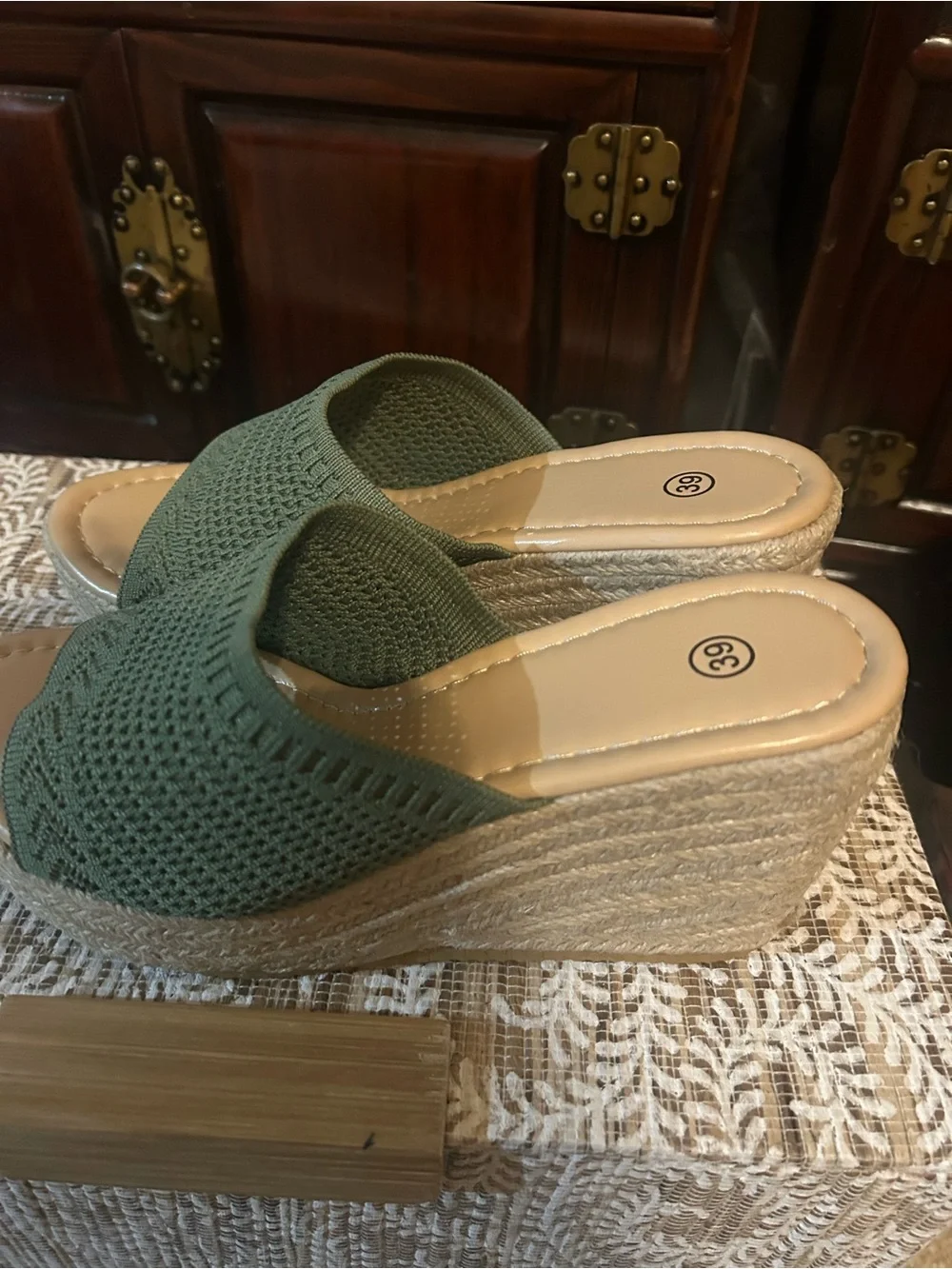 Women’s Olive Green Woven Espadrille Wedge Slides